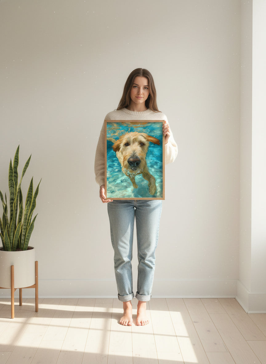 Goldendoodle Swimming Underwater Art art print shown in a person holding bright setting