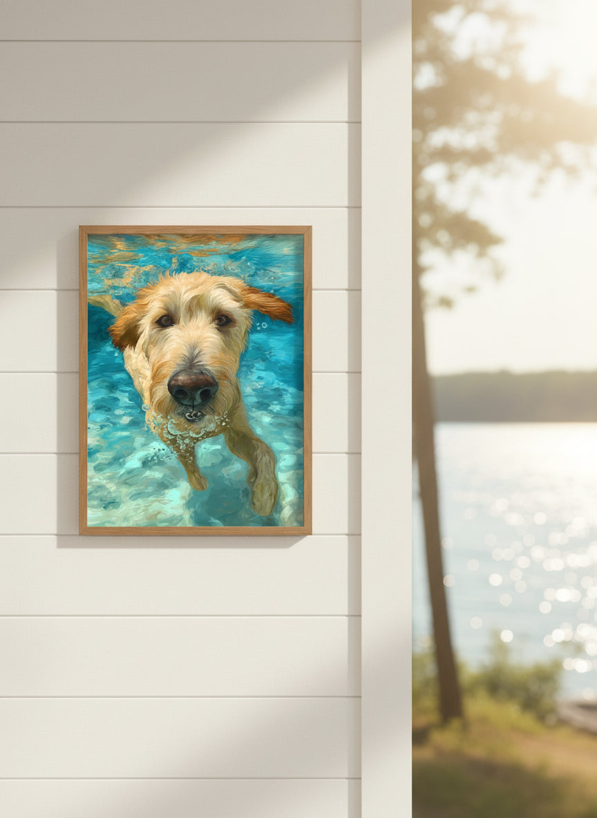 Goldendoodle Swimming Underwater Art art print shown in a shiplap blurred view setting