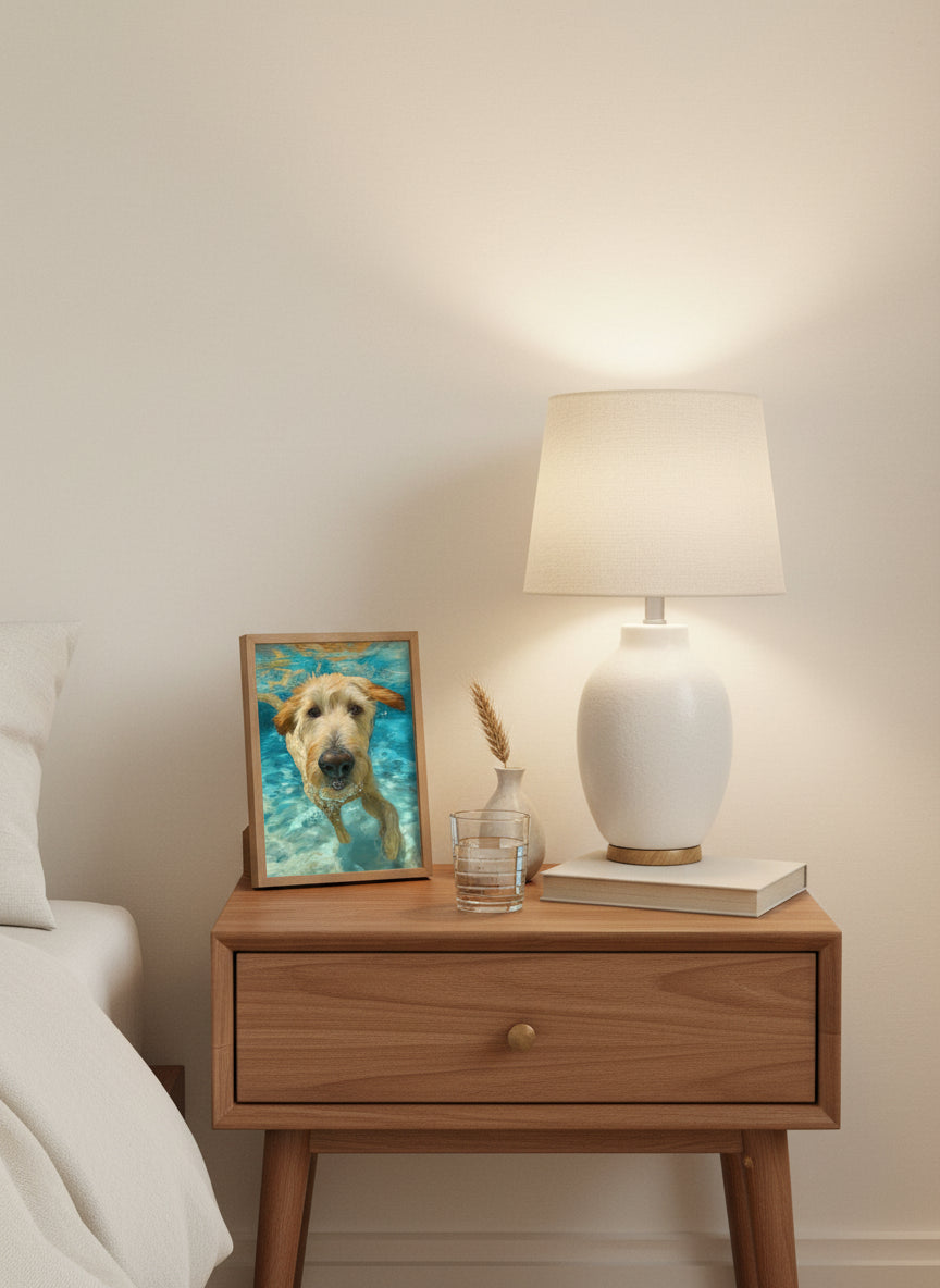 Goldendoodle Swimming Underwater Art art print shown in a small bedside oak setting