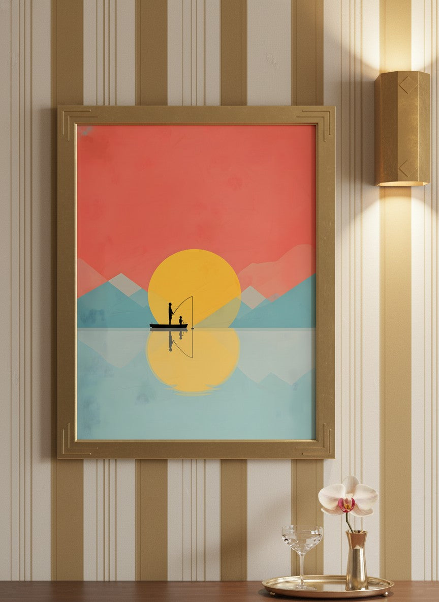 Father Child Fishing Sunset Art art print shown in a art deco geometric setting