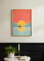 Father Child Fishing Sunset Art art print shown in a black wainscoting gold setting