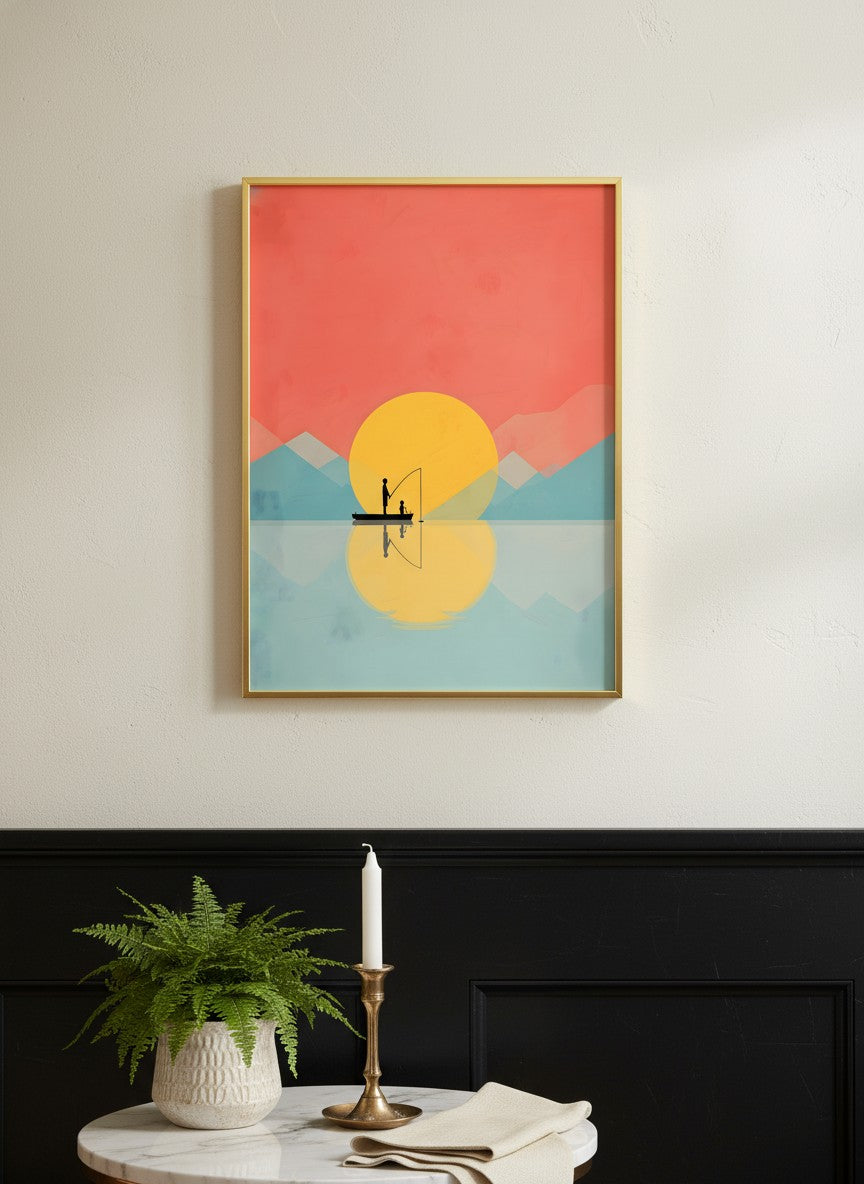 Father Child Fishing Sunset Art art print shown in a black wainscoting gold setting