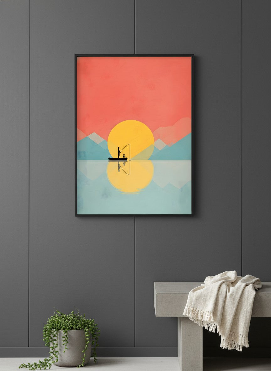 Father Child Fishing Sunset Art art print shown in a charcoal minimal black setting