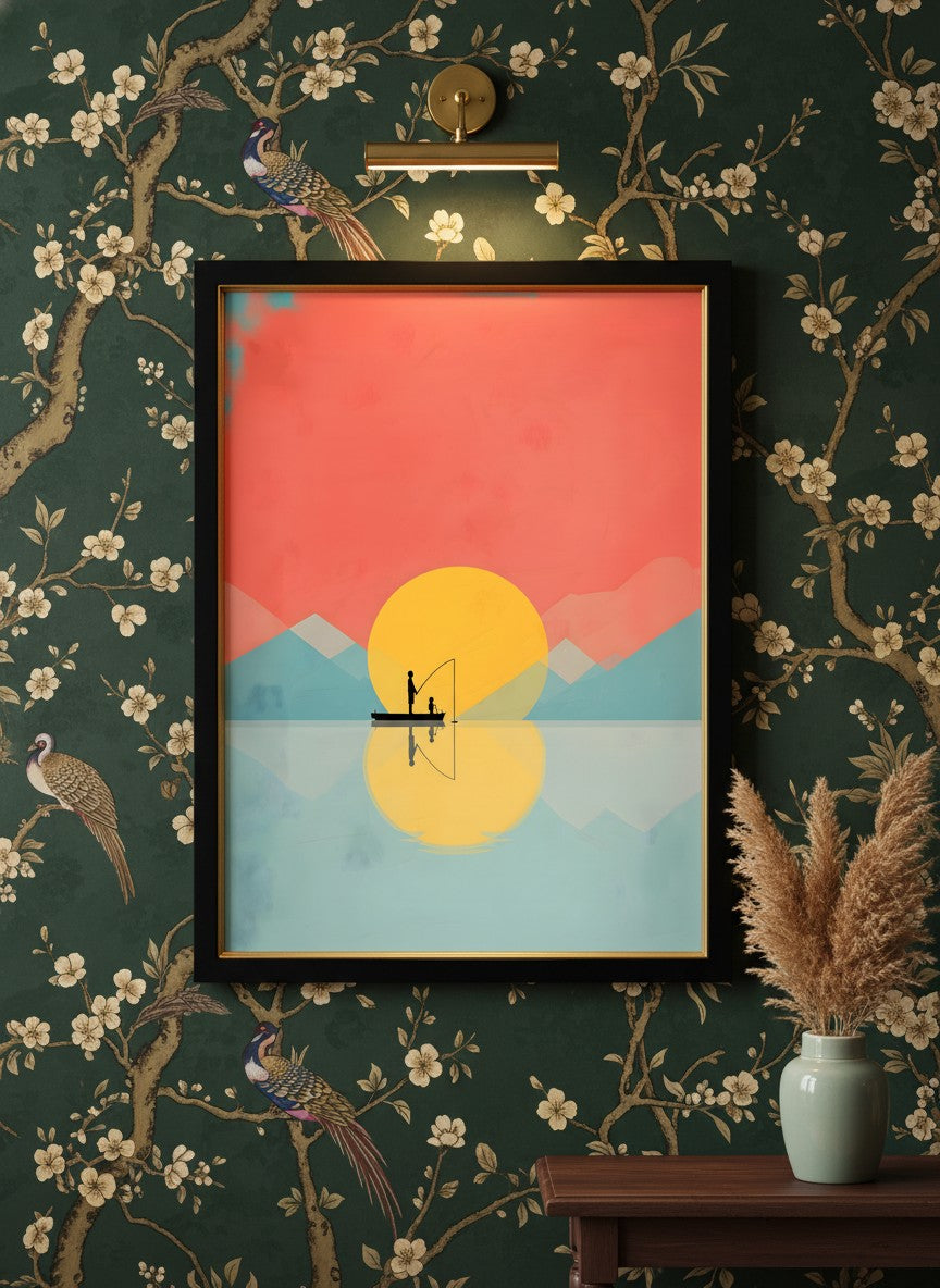 Father Child Fishing Sunset Art art print shown in a chinoiserie moody setting