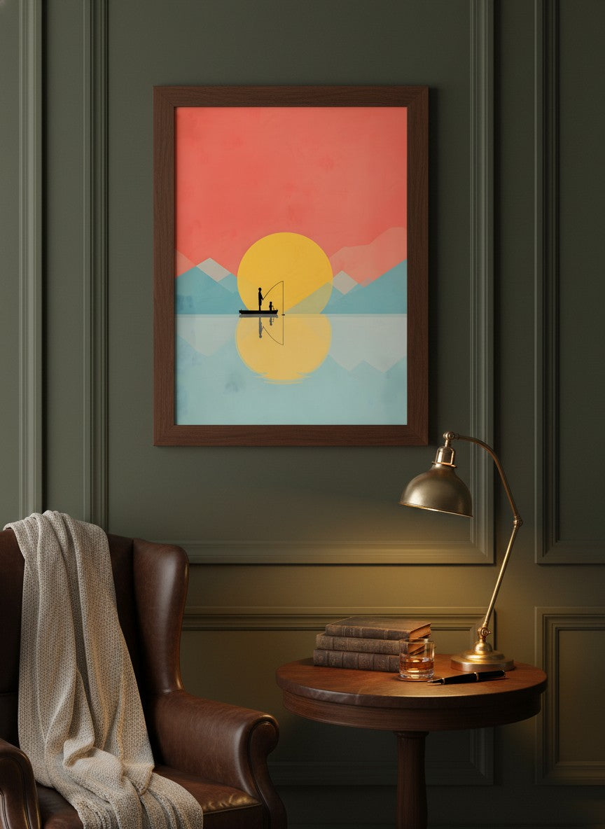 Father Child Fishing Sunset Art art print shown in a dark olive study setting