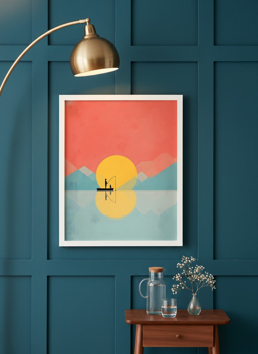 Father Child Fishing Sunset Art art print shown in a deep teal modern setting