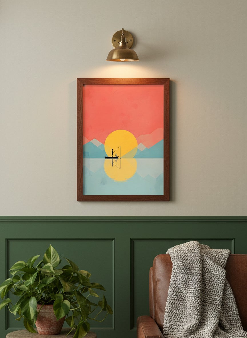 Father Child Fishing Sunset Art art print shown in a forest green walnut setting