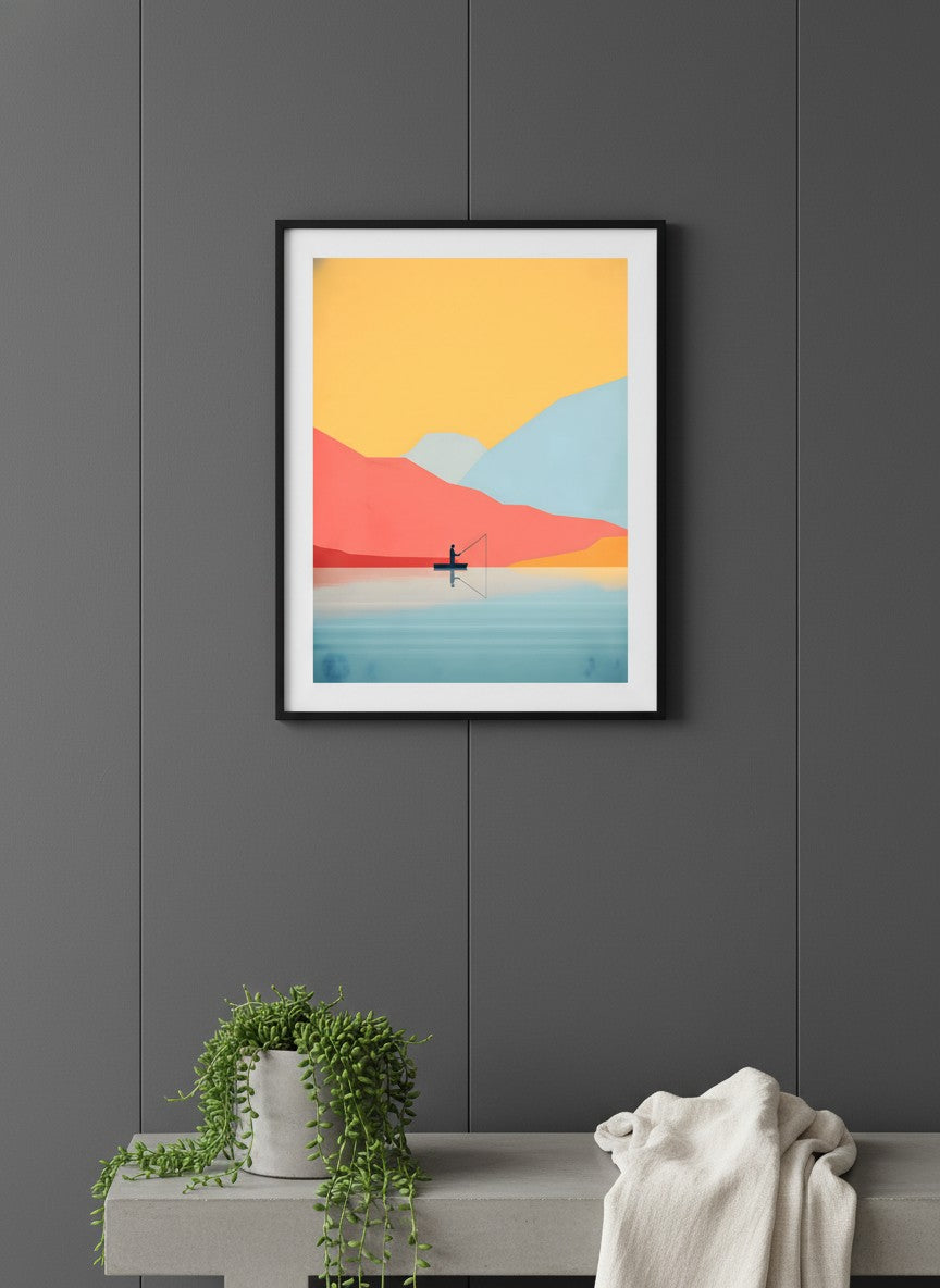 Minimalist Fishing Landscape Art art print shown in a charcoal minimal black setting