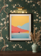 Minimalist Fishing Landscape Art art print shown in a chinoiserie moody setting
