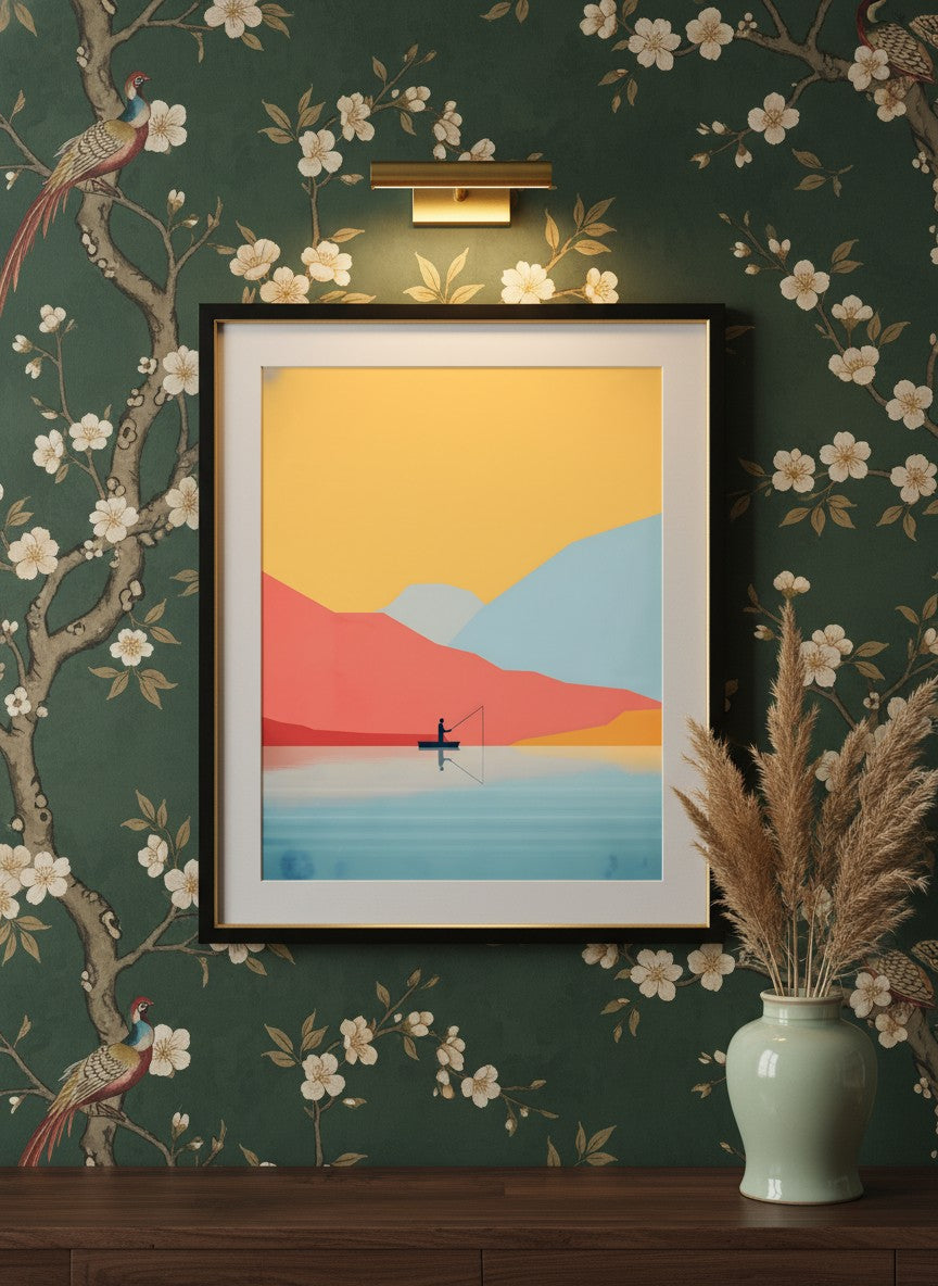 Minimalist Fishing Landscape Art art print shown in a chinoiserie moody setting