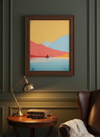 Minimalist Fishing Landscape Art art print shown in a dark olive study setting