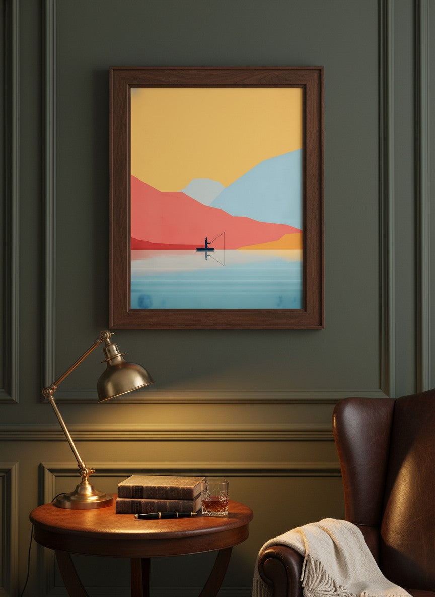Minimalist Fishing Landscape Art art print shown in a dark olive study setting