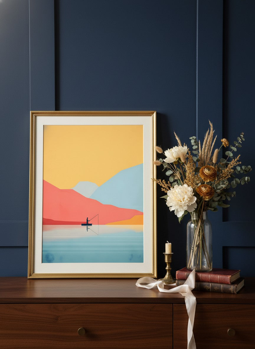 Minimalist Fishing Landscape Art art print shown in a dresser dried florals setting