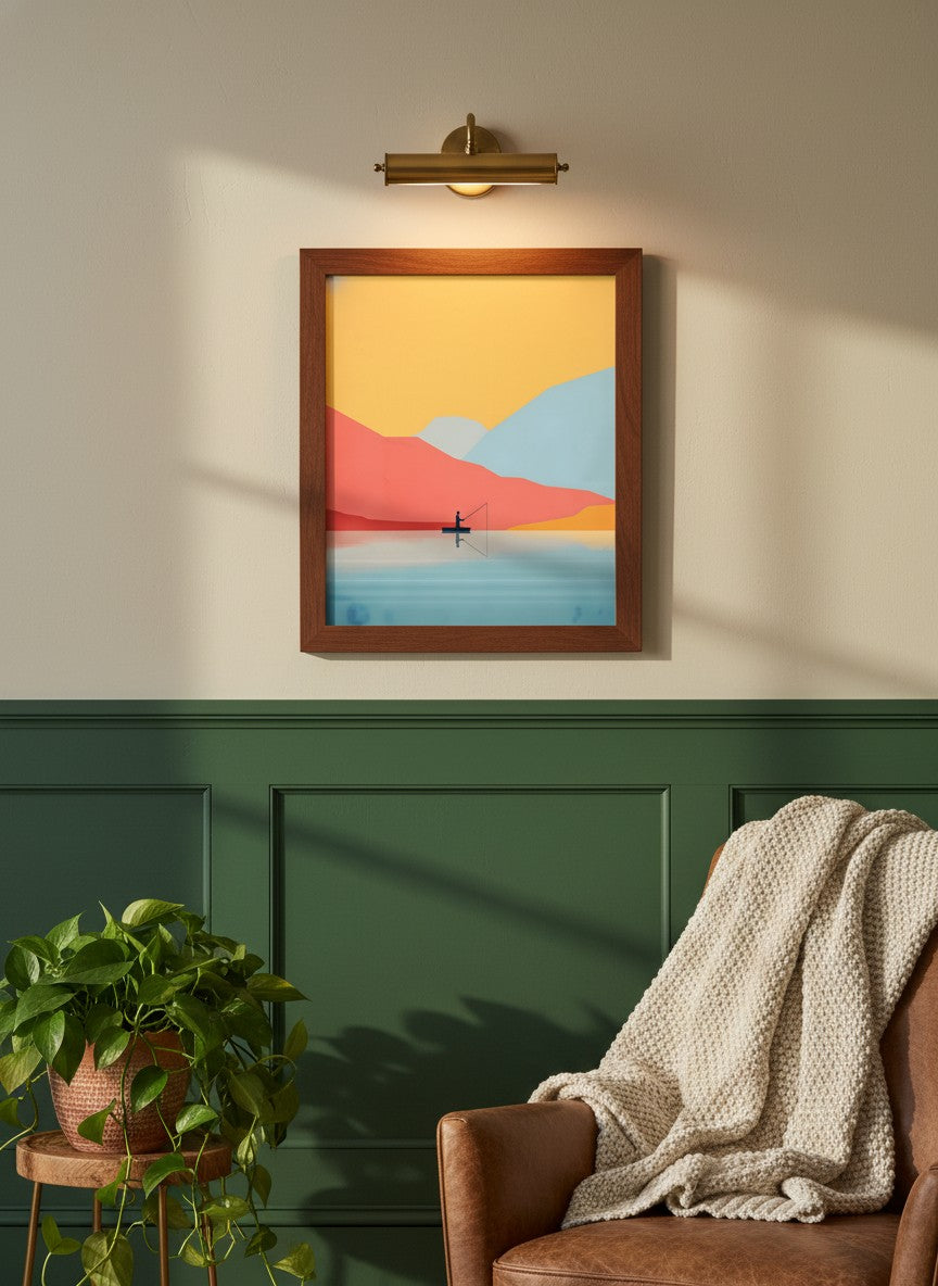 Minimalist Fishing Landscape Art art print shown in a forest green walnut setting