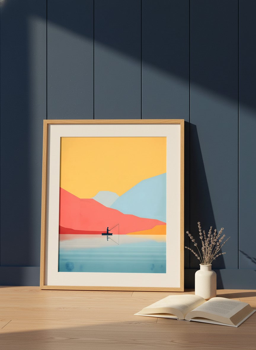 Minimalist Fishing Landscape Art art print shown in a navy paneled oak setting