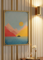 Minimalist Fishing Boat Mountain Art art print shown in a art deco geometric setting