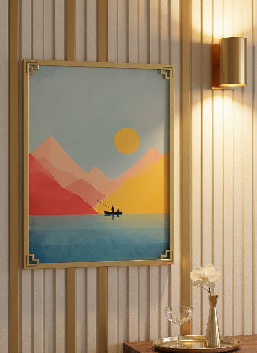 Minimalist Fishing Boat Mountain Art art print shown in a art deco geometric setting