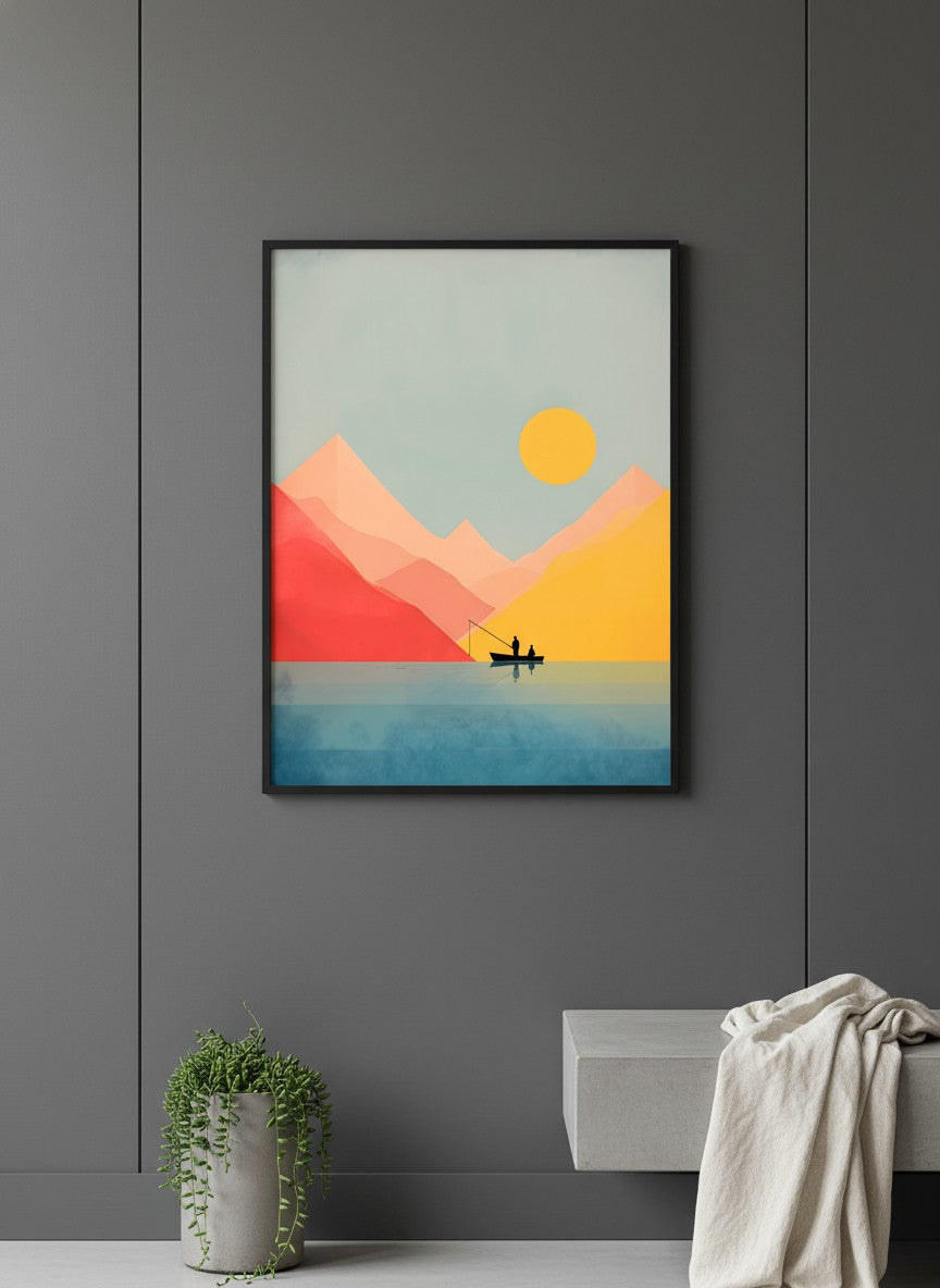 Minimalist Fishing Boat Mountain Art art print shown in a charcoal minimal black setting