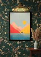 Minimalist Fishing Boat Mountain Art art print shown in a chinoiserie moody setting