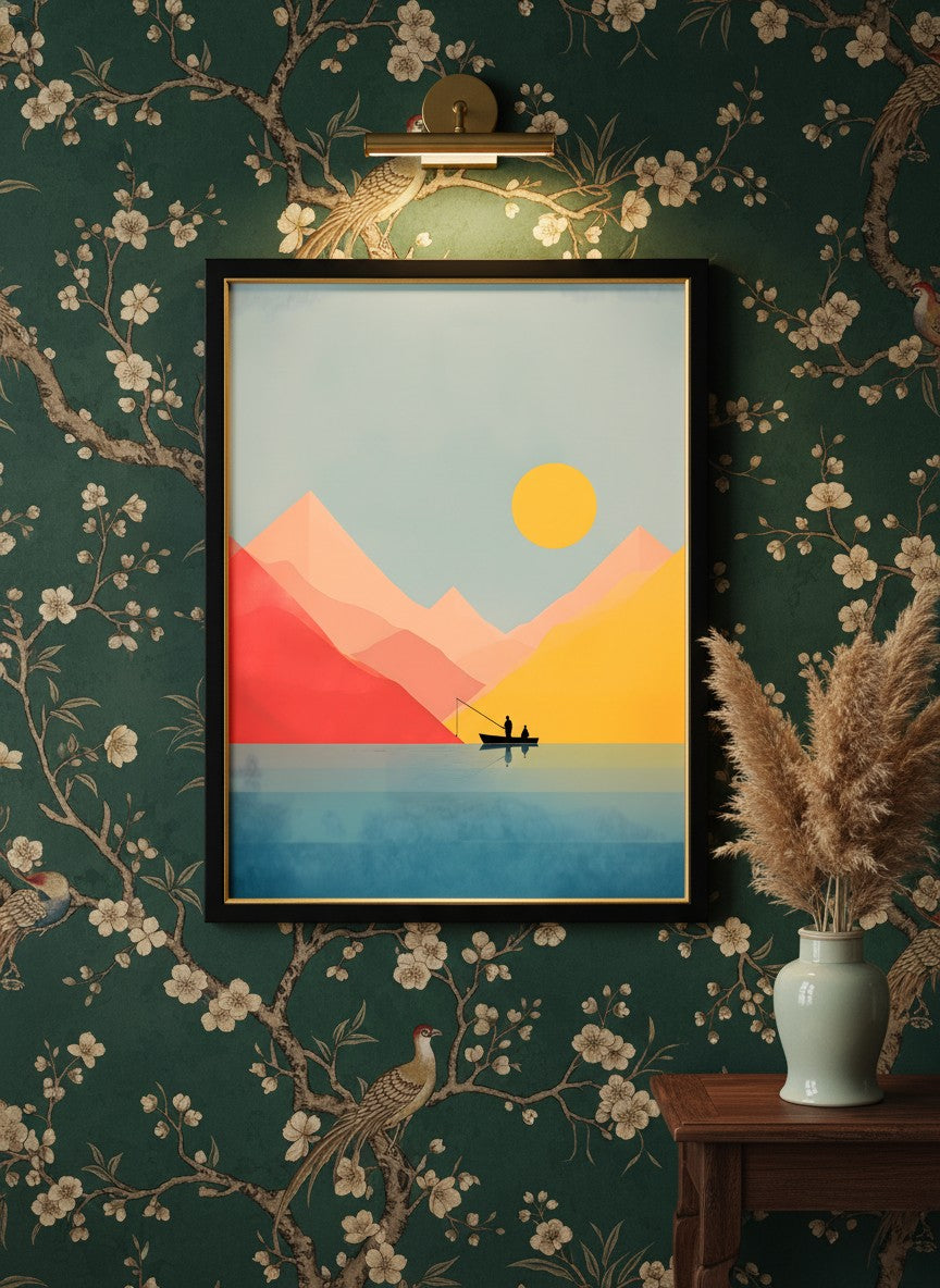 Minimalist Fishing Boat Mountain Art art print shown in a chinoiserie moody setting