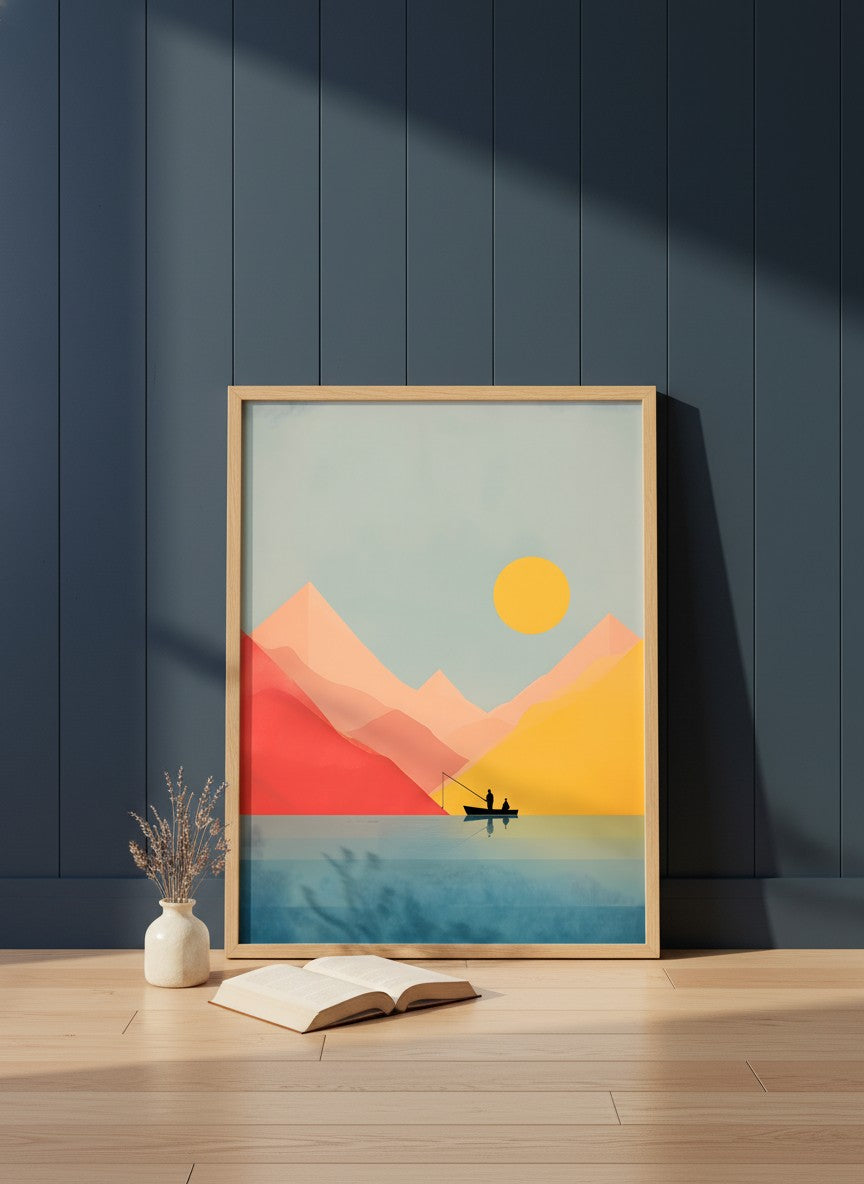 Minimalist Fishing Boat Mountain Art art print