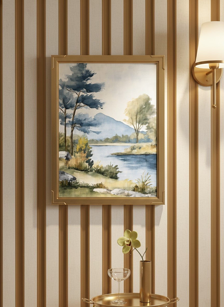 Watercolor Lake Mountain Landscape art print shown in a art deco geometric setting