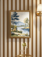 Watercolor Lake Mountain Landscape art print shown in a art deco geometric setting