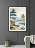 Watercolor Lake Mountain Landscape art print shown in a charcoal minimal black setting
