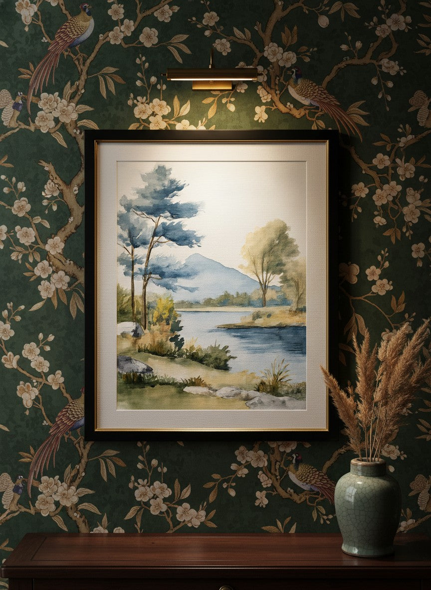 Watercolor Lake Mountain Landscape art print shown in a chinoiserie moody setting