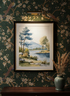 Watercolor Lake Mountain Landscape art print shown in a chinoiserie moody setting
