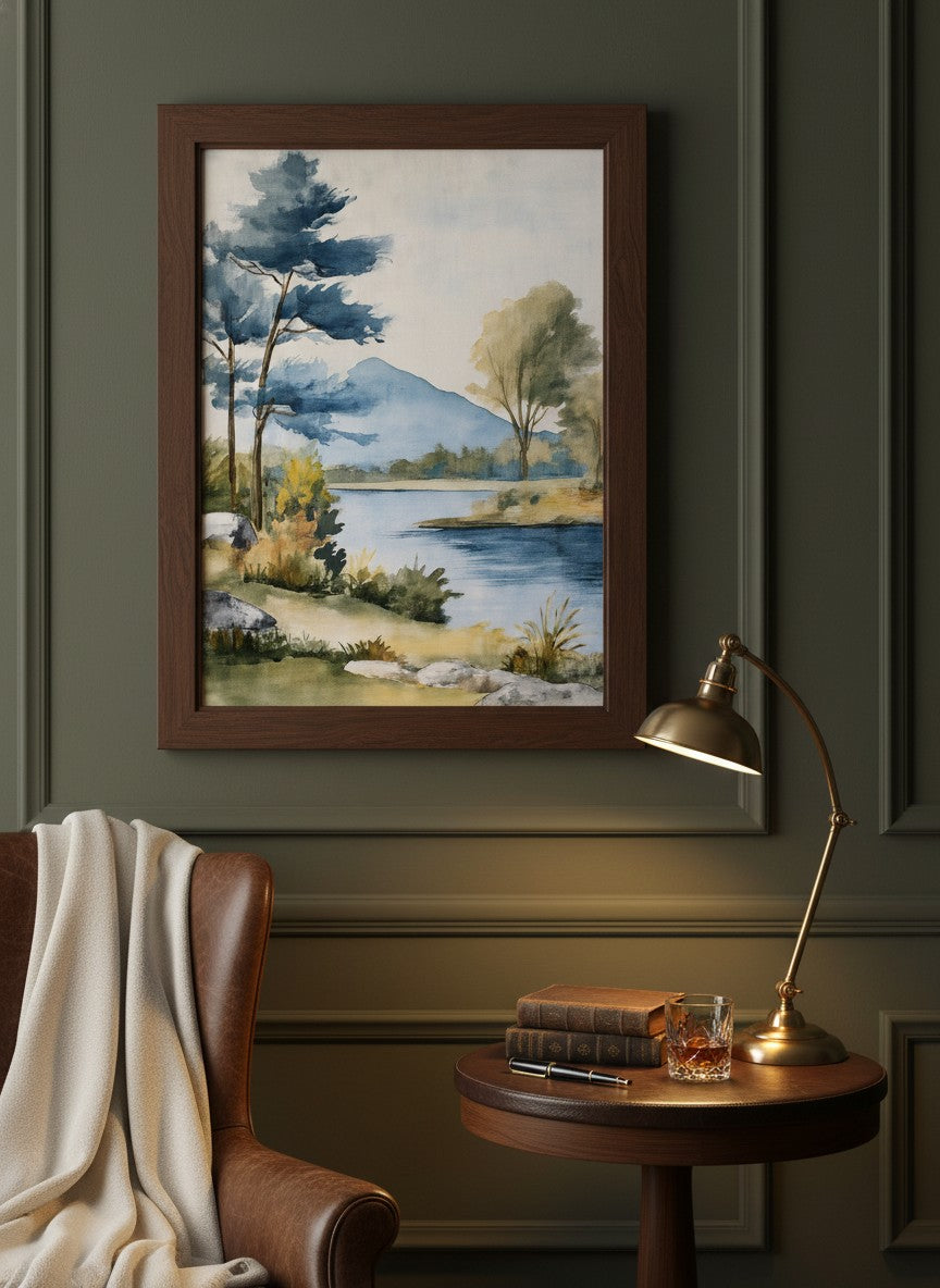 Watercolor Lake Mountain Landscape art print shown in a dark olive study setting