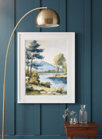 Watercolor Lake Mountain Landscape art print shown in a deep teal modern setting