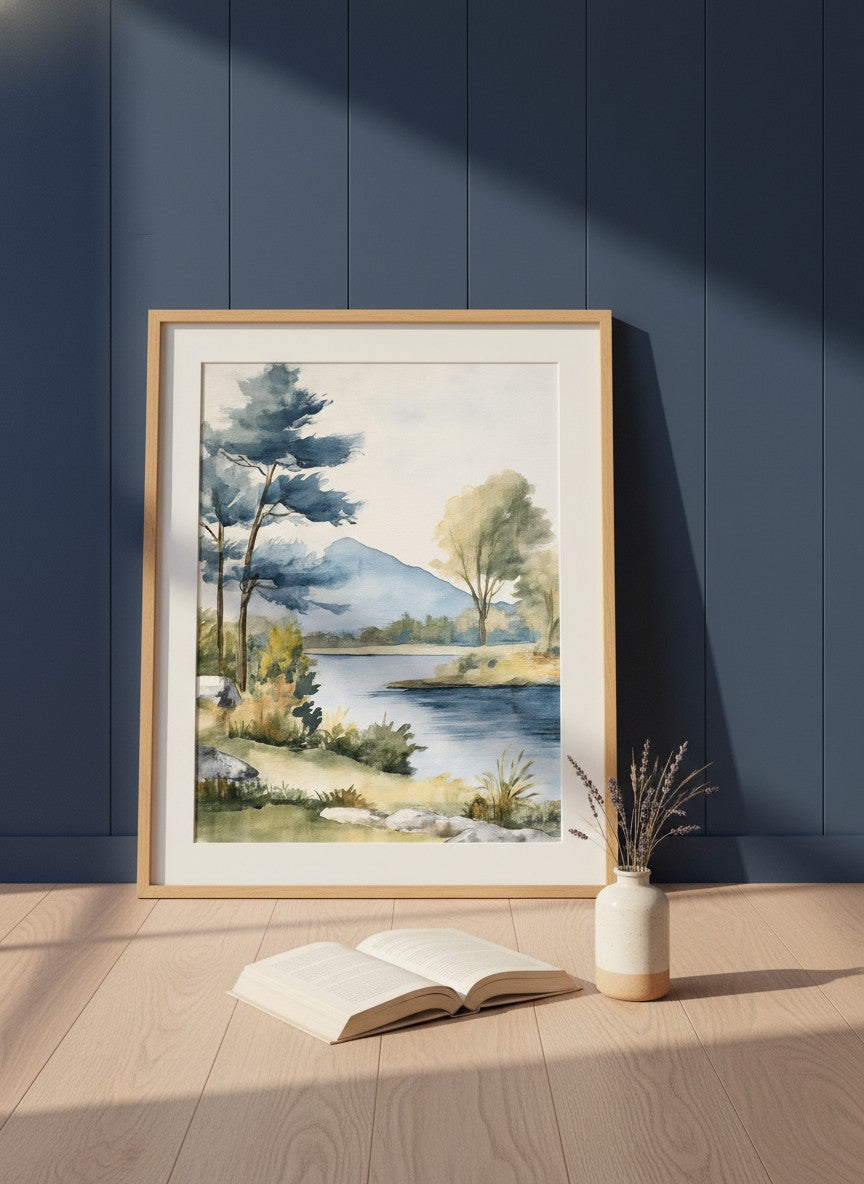 Watercolor Lake Mountain Landscape art print shown in a navy paneled oak setting