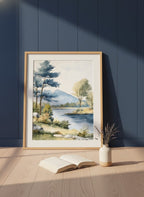 Watercolor Lake Mountain Landscape art print shown in a navy paneled oak setting