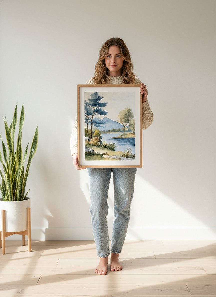 Watercolor Lake Mountain Landscape art print