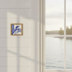 Blue Loon Bird Etching Art art print shown in a shiplap blurred view setting