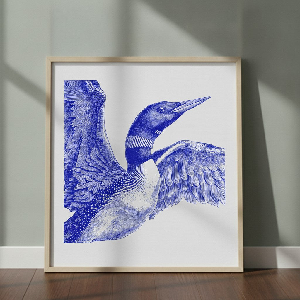 Blue Loon Bird Etching Art art print shown in a square 2 setting