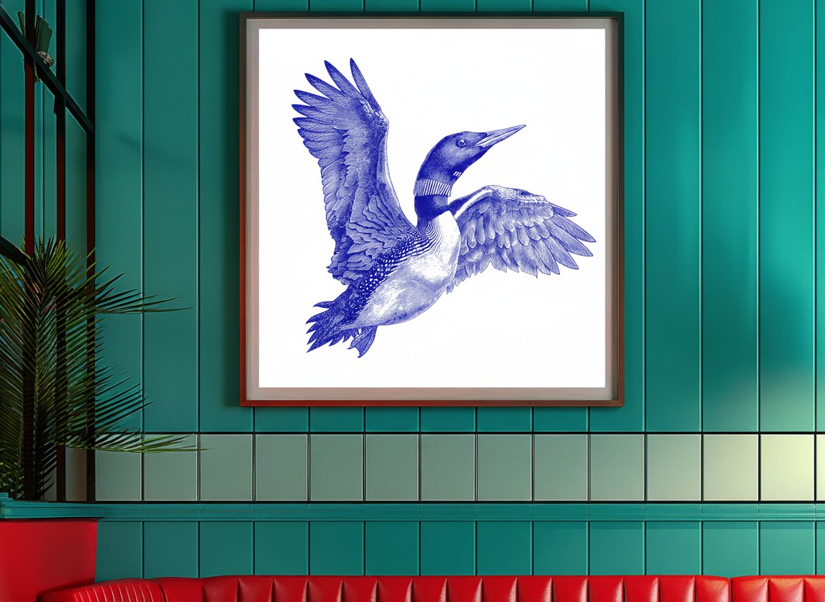 Blue Loon Bird Etching Art art print shown in a square 3 setting