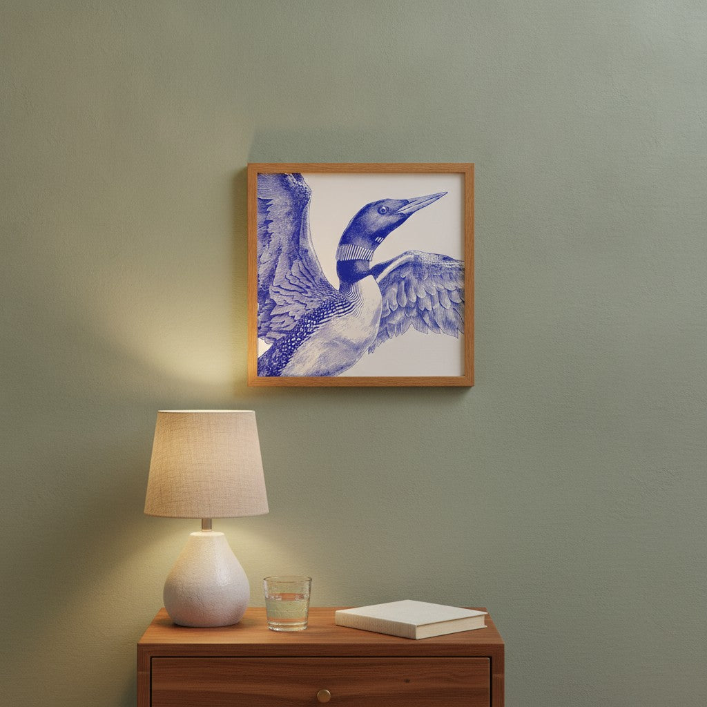 Blue Loon Bird Etching Art art print shown in a square bedside oak setting