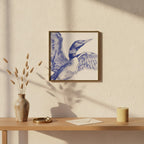 Blue Loon Bird Etching Art art print shown in a square console brass setting