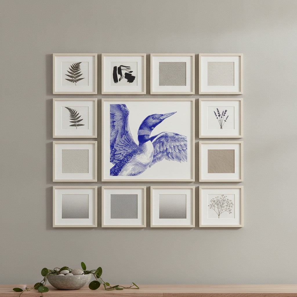 Blue Loon Bird Etching Art art print shown in a square grid gallery putty setting
