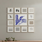 Blue Loon Bird Etching Art art print shown in a square grid gallery putty setting