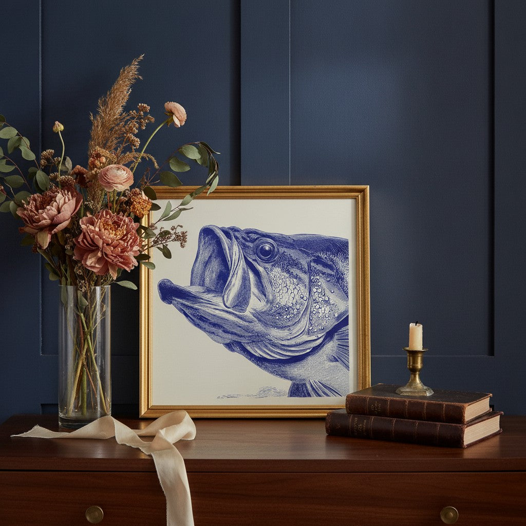 Blue Bass Fish Engraving Art art print shown in a dresser dried florals setting
