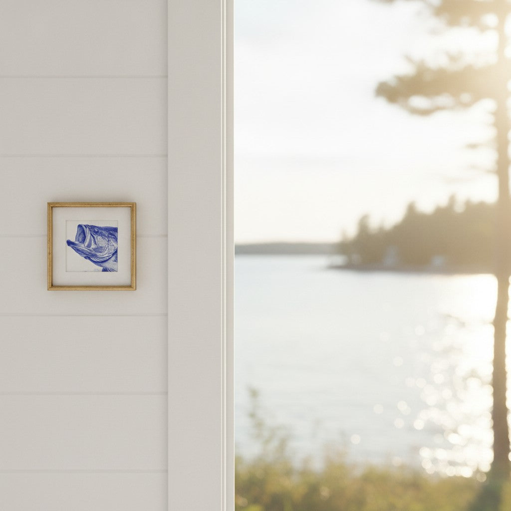 Blue Bass Fish Engraving Art art print shown in a shiplap blurred view setting