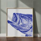 Blue Bass Fish Engraving Art art print shown in a square 2 setting
