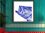 Blue Bass Fish Engraving Art art print shown in a square 3 setting