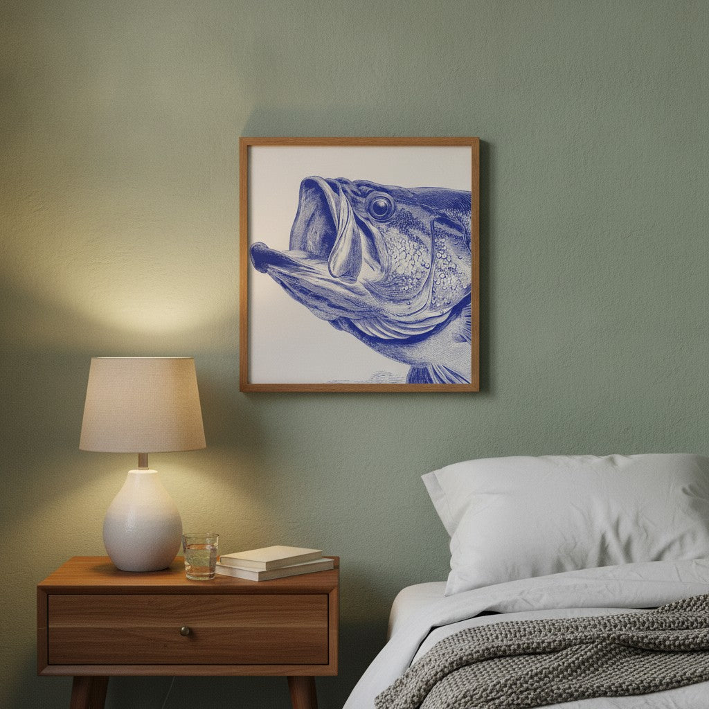Blue Bass Fish Engraving Art art print shown in a square bedside oak setting