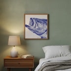 Blue Bass Fish Engraving Art art print shown in a square bedside oak setting