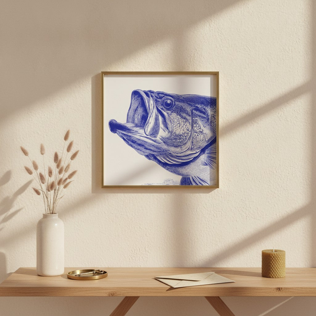 Blue Bass Fish Engraving Art art print shown in a square console brass setting