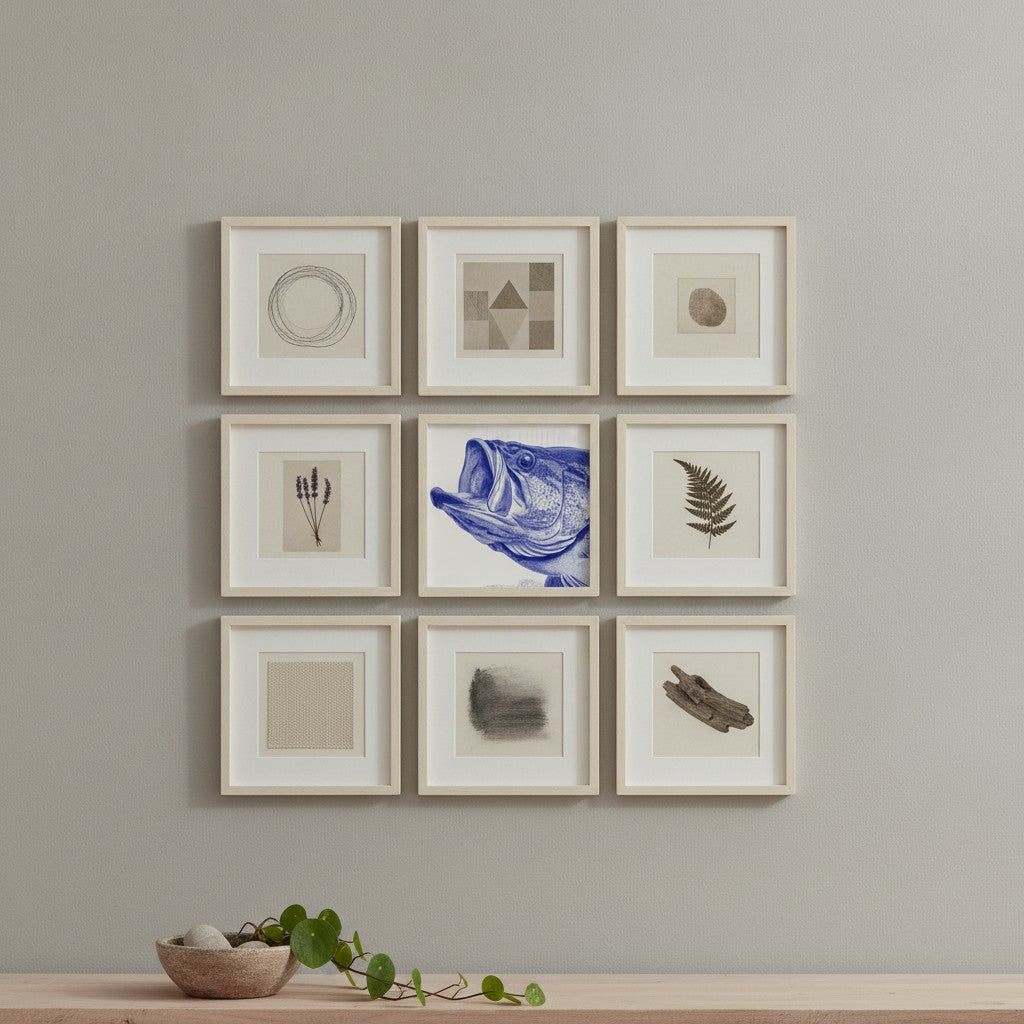 Blue Bass Fish Engraving Art art print shown in a square grid gallery putty setting